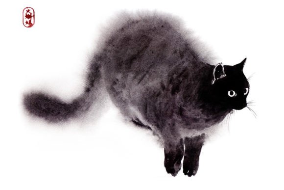 Download Oriental Watercolor Zen Art, Black Cat - Black Collection