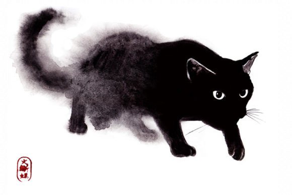 Download Watercolor Zen Art, Black Cat - Black Collection